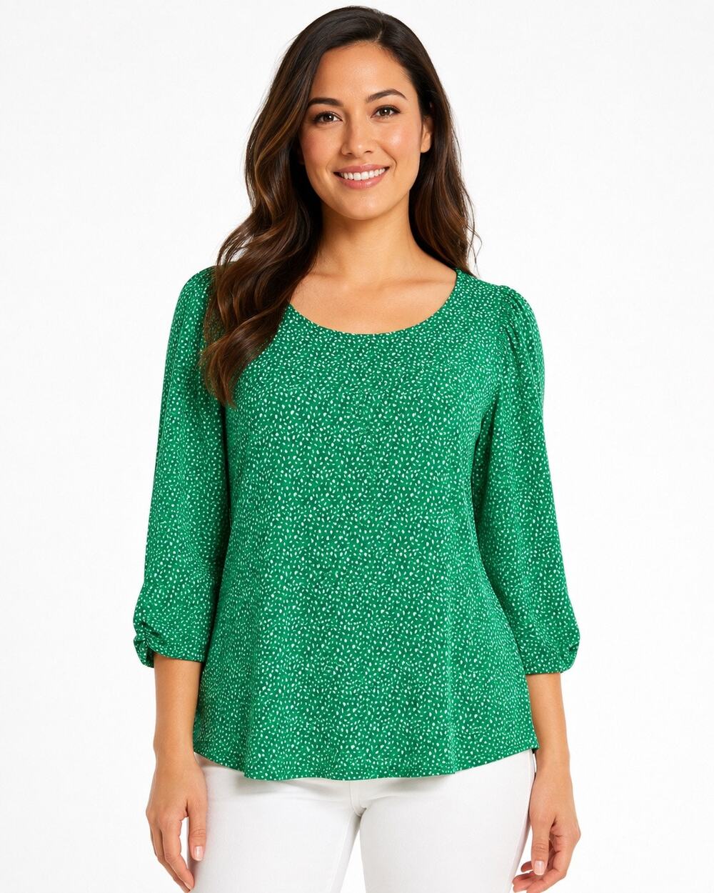 Adrianna Papell Green White Print Ruched Sleeve Top Size M